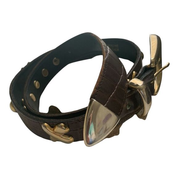 Women's Brown Leather Belt SIZE 32"- 36" Gold Buckle Studs Adjustable Crocodile - Picture 1 of 16